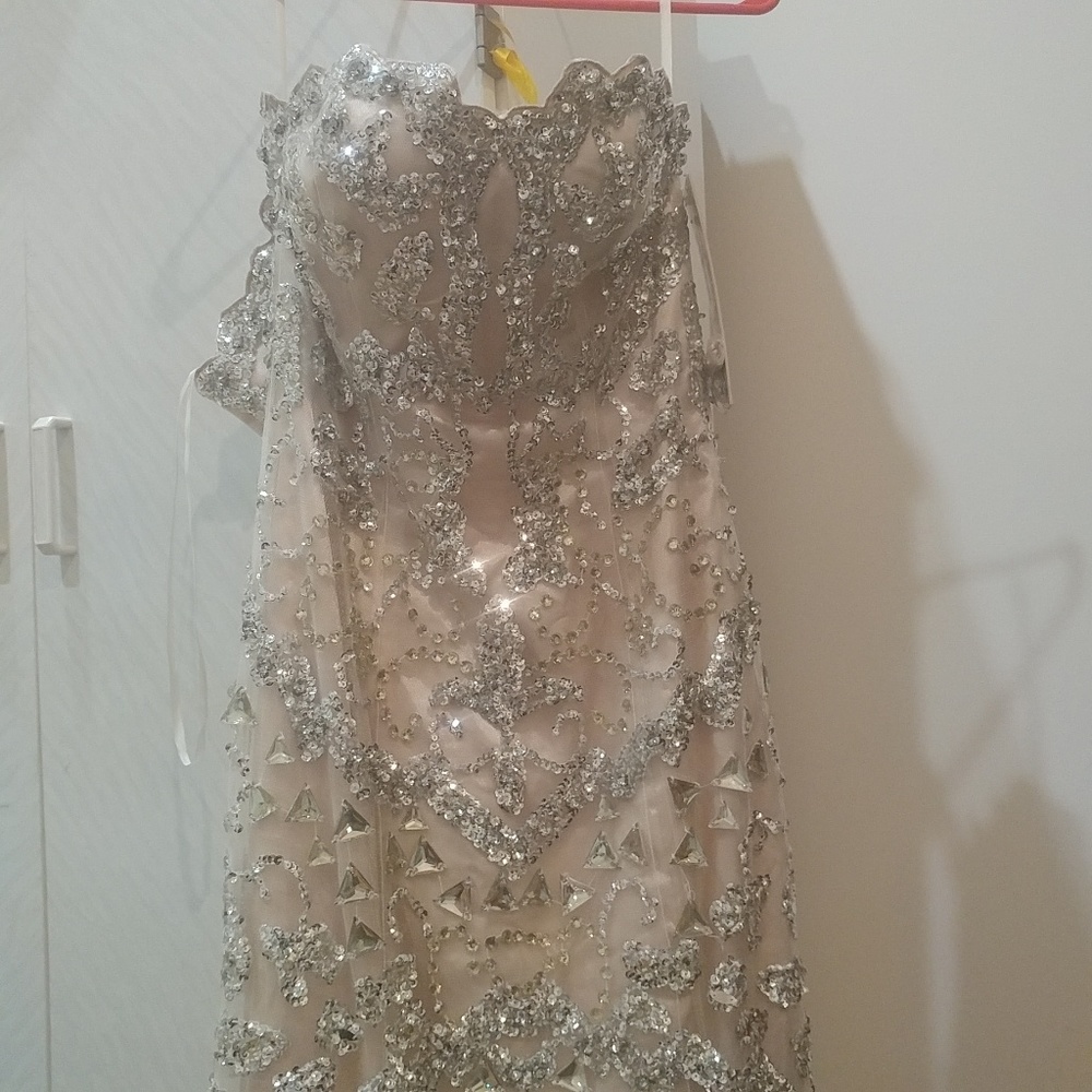 New Jovani Nude Beige Sequin Crystal Dress Size 4